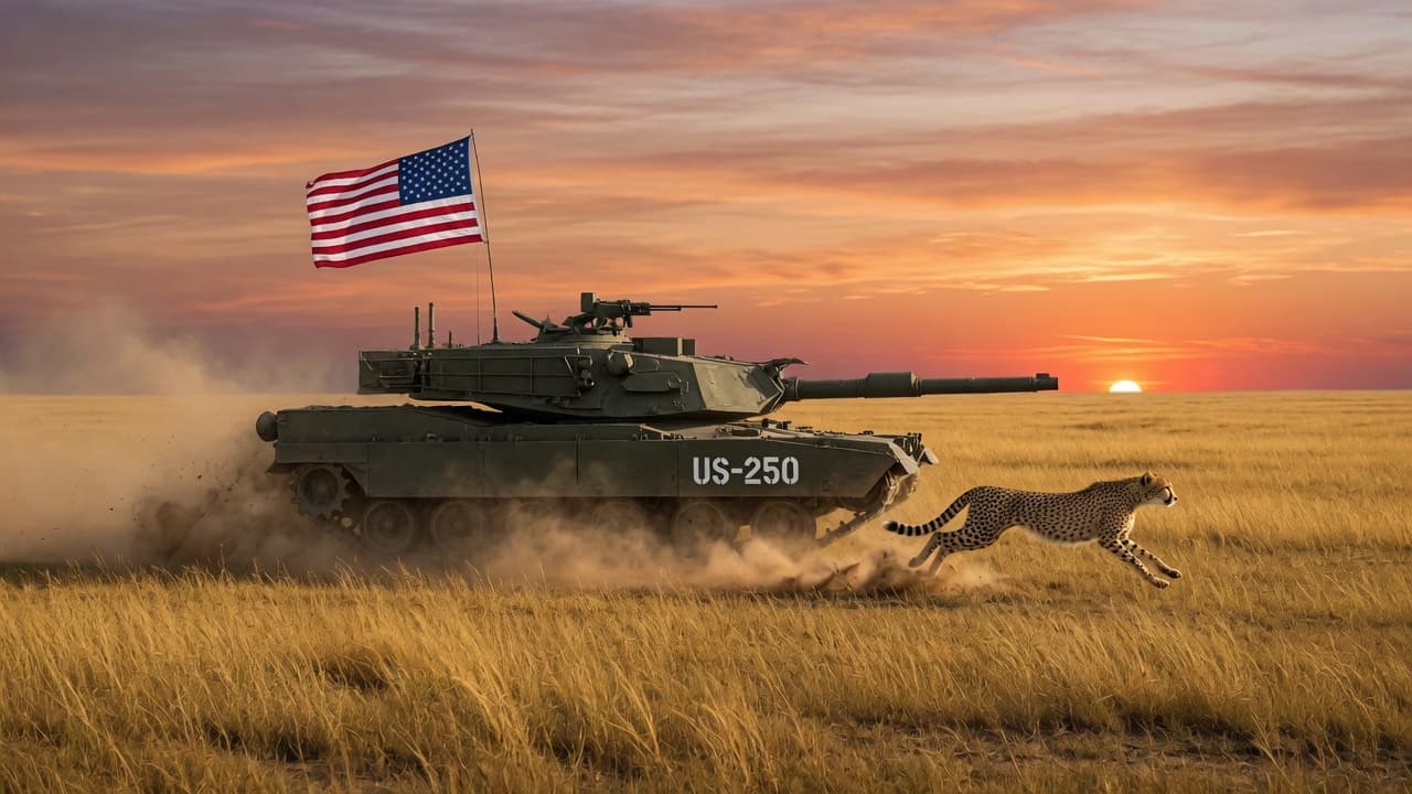 A US Army tank labeled US-250 races a cheetah across a golden plain at sunset, flying an American flag