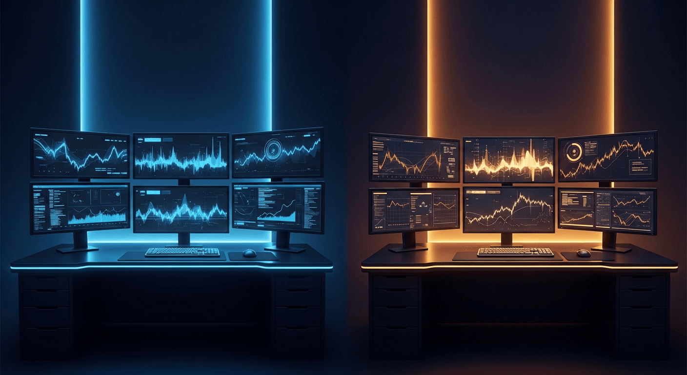 Two trading workstations side by side representing prop firm comparison with futuristic monitors and chart patterns