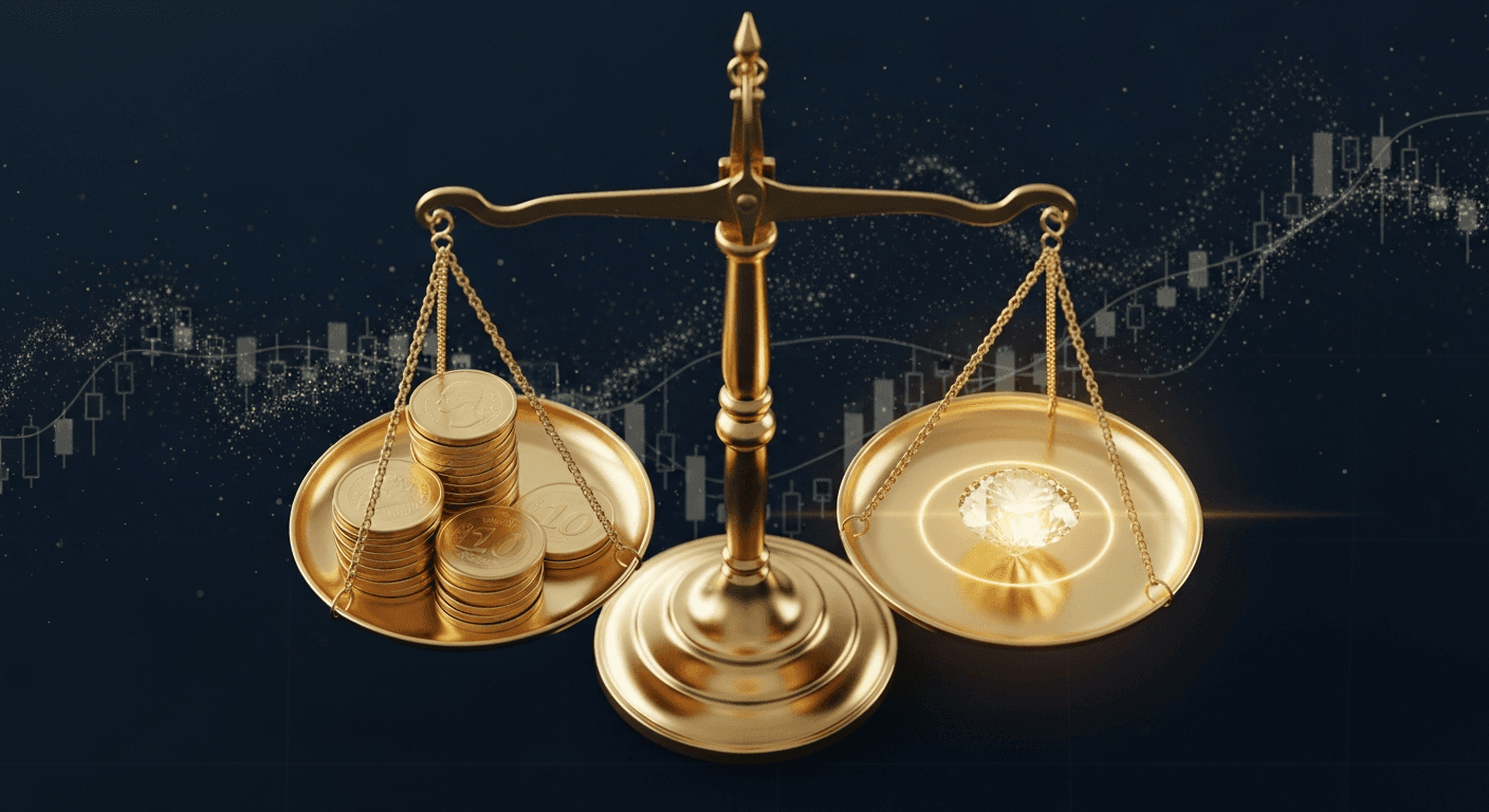 Golden balance scale weighing price against value with trading chart elements on dark navy background