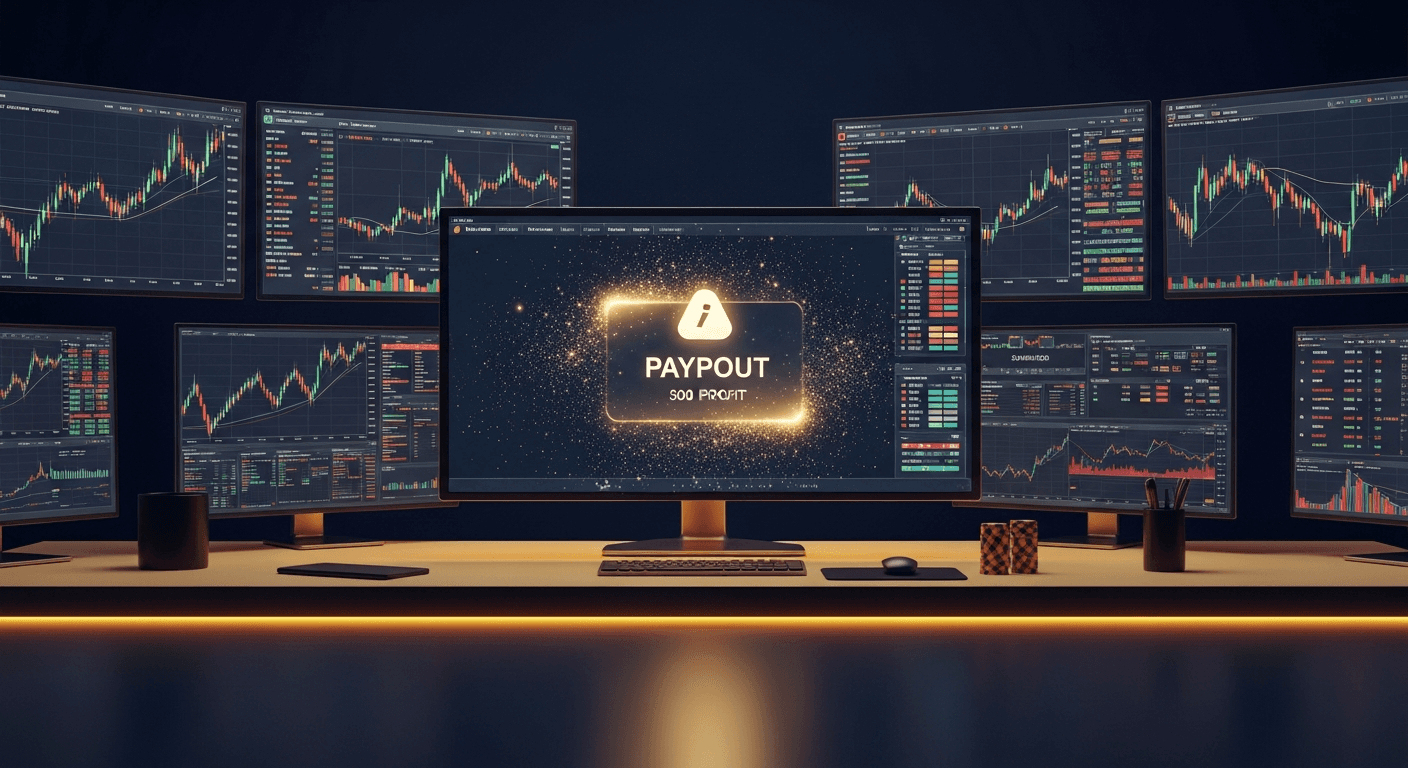 Trading desk with multiple monitors showing financial charts and a payout notification